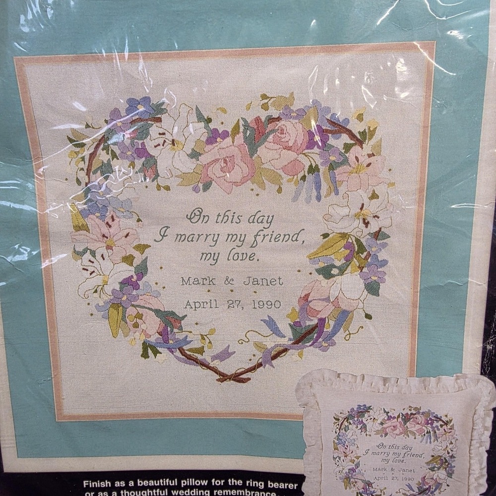 VTG Bucilla Heart Wedding Record Floral Crewel Pillow Kit 14x14 40518 New Crafty
